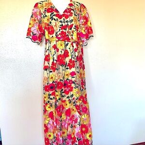 One Loved Babe Tan Orange Red Yellow Pink Floral Embroidered Tulle Maxi Dress.